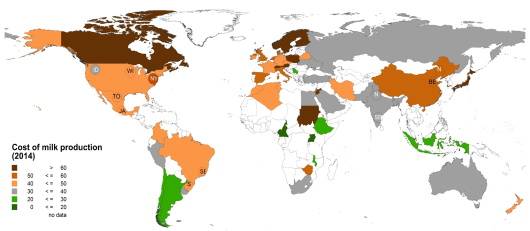Figuur 1: Indicatieve kostprijzen in Amerikaanse dollars per 100 kg ECM (energy corrected milk) voor gemiddelde bedrijfsgroottes per regio.