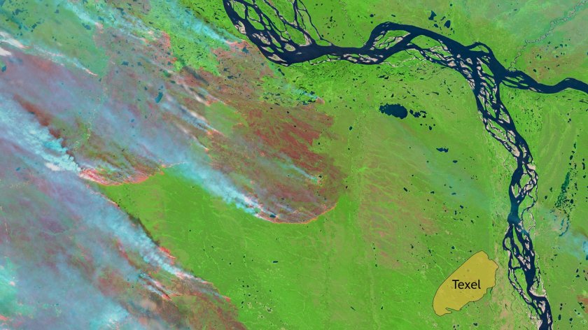 Een Sentinel-2 satellietbeeld van een groot brandcomplex in het noordoosten van Siberië, genomen op 7 augustus 2021 (het eiland Texel is ingetekend ter illustratie van de schaal). Deze branden waren meerdere weken actief. Credit: Copernicus Sentinel-2-beeldmateriaal, met dank aan ESA. Een Sentinel-2 satellietbeeld van een groot brandcomplex in het noordoosten van Siberië, genomen op 7 augustus 2021 (het eiland Texel is ingetekend ter illustratie van de schaal). Deze branden waren meerdere weken actief. Credit: Copernicus Sentinel-2-beeldmateriaal, met dank aan ESA.