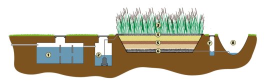 Werking verticaal doorstromend helofytenfilter: Het afvalwater wordt verzameld in een sedimentatietank (1) waar het kan bezinken en waar het biologische zuiveringsproces begint. Vanuit de pompput (2) wordt het water meerdere malen per dag over het helofytenfilter gepompt (4). Hier stroomt het langs de wortels van het riet (3) en door de verschillende lagen filtersubstraat (5) Het gezuiverde afvalwater (effluent) stroomt via een drainage netwerk (6) in een controle-inspectieput (7) waarna het geïnfiltreerd kan worden in de bodem of geloosd kan worden op een sloot (8). 