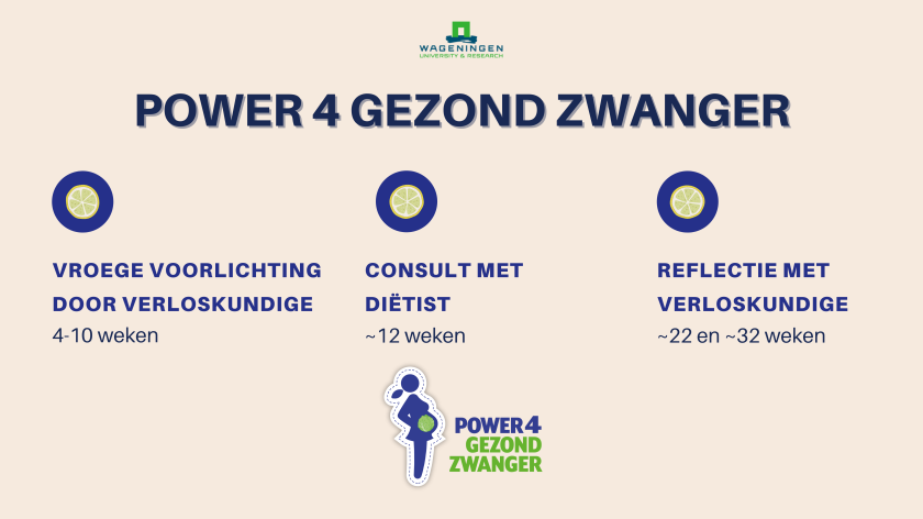 Bovenstaande afbeelding toont het programma van Power 4 Gezond Zwanger, waarbij vrouwen vier extra gesprekken voeren over voeding met verloskundige en diëtist