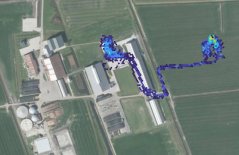 Louise1946 visited the milking parlor twice during the 24h GPS measurement (top left). Distance covered 6.75 km. Top speed 4.3 km p / h. Note: Measurements inside the barn are not completely accurate.