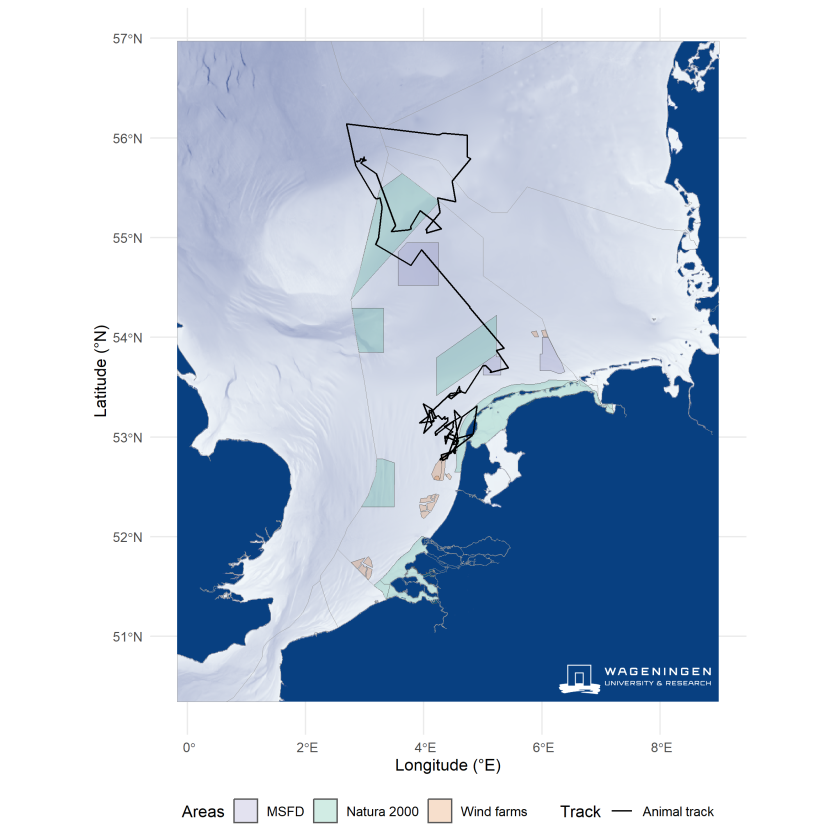 Figuur 3. Locaties van de in maart 2025 op de Waddenzee gezenderde bruinvis Figuur 3. Locaties van de in maart 2025 op de Waddenzee gezenderde bruinvis
