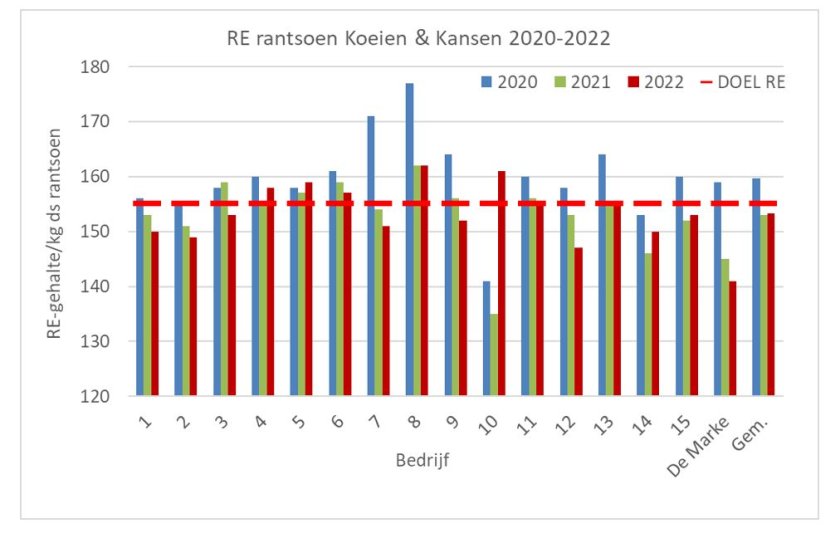 Figuur 1: Ruw eiwit gehalte in rantsoen op Koeien en Kansen-bedrijven in 2020, 2021 en 2022. Resultaten gerelateerd aan de doelstelling van 155 RE.
