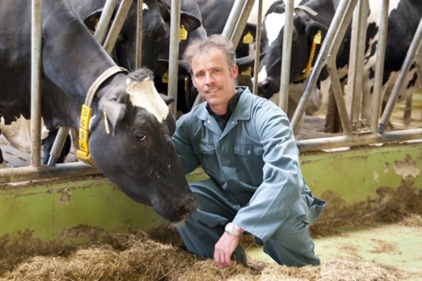 Onderzoeker Jan Dijkstra op een melkveehouderij Onderzoeker Jan Dijkstra op een melkveehouderij