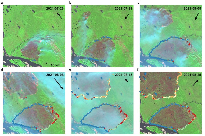 Twee branden die in de zomer van 2021 woedden langs de Lena-rivier, 350 kilometer ten noordwesten van Jakoetsk, Rusland. De panelen tonen met behulp van een Sentinel-2 satellietbeeld de voortgang van de brand. De bolletjes/lijnen laten zien waar de brand stopte. De kleuren geven aan welke factoren daaraan bijdroegen. Blauw geeft aan dat oppervlaktewater de brand heeft gestopt, rood een verandering in windrichting en windsnelheid, en oranje een verandering naar wisselvallig weer. Credit: Copernicus Sentinel-2-beeldmateriaal, met dank aan ESA. Twee branden die in de zomer van 2021 woedden langs de Lena-rivier, 350 kilometer ten noordwesten van Jakoetsk, Rusland. De panelen tonen met behulp van een Sentinel-2 satellietbeeld de voortgang van de brand. De bolletjes/lijnen laten zien waar de brand stopte. De kleuren geven aan welke factoren daaraan bijdroegen. Blauw geeft aan dat oppervlaktewater de brand heeft gestopt, rood een verandering in windrichting en windsnelheid, en oranje een verandering naar wisselvallig weer. Credit: Copernicus Sentinel-2-beeldmateriaal, met dank aan ESA.