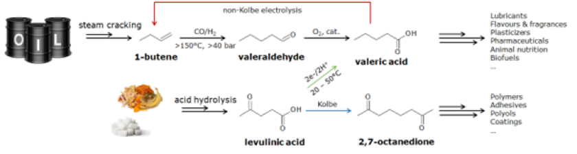 Fig. 1 – Overall concept of ELEVATE, in which an optimized process for the electrochemical conversion of levulinic acid, via Kolbe electrolysis, will be developed for the production of bio-based building blocks. Fig. 1 – Overall concept of ELEVATE, in which an optimized process for the electrochemical conversion of levulinic acid, via Kolbe electrolysis, will be developed for the production of bio-based building blocks.