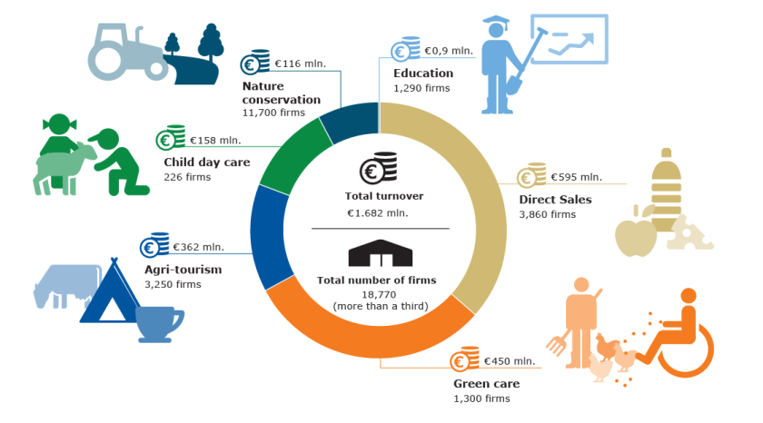 The infographic shows how many farms engage in different types of multifunctional agriculture and how much turnover they make from it. The total turnover is €1.682 million and the total number of farms 18,770. The infographic shows how many farms engage in different types of multifunctional agriculture and how much turnover they make from it. The total turnover is €1.682 million and the total number of farms 18,770.